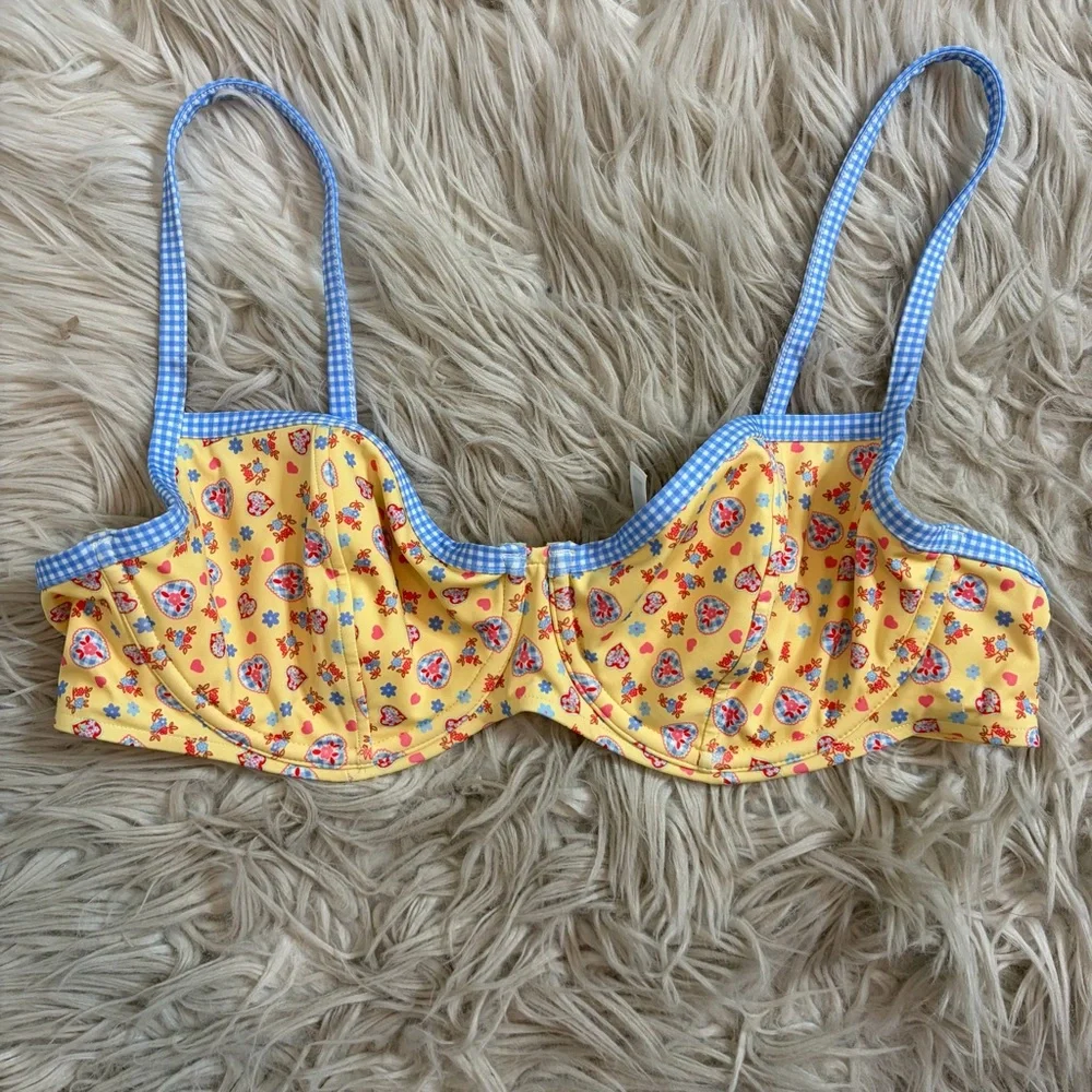Frankie’s Bikinis x VS Pink Heart Charm Yellow Blue Gingham Bikini Top XL